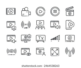 Iconos de línea de estilo de boceto dibujado a mano multimedia. Ilustración vectorial.