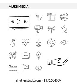 Multimedia  hand drawn Icon set style, isolated on white background. - Vector