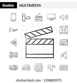 Multimedia Hand Drawn Icon for Web, Print and Mobile UX/UI Kit. Such as: Mobile, Phone, Smartphone, Call, Camera, File, Photo, Slide, Pictogram Pack. - Vector