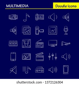 Multimedia Hand Drawn Icon for Web, Print and Mobile UX/UI Kit. Such as: Mobile, Phone, Smartphone, Call, Camera, File, Photo, Slide, Pictogram Pack. - Vector