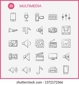 Multimedia Hand Drawn Icon for Web, Print and Mobile UX/UI Kit. Such as: Mobile, Phone, Smartphone, Call, Camera, File, Photo, Slide, Pictogram Pack. - Vector