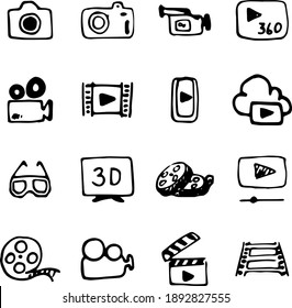 Multimedia hand drawn icons: photo, video, music vector set.