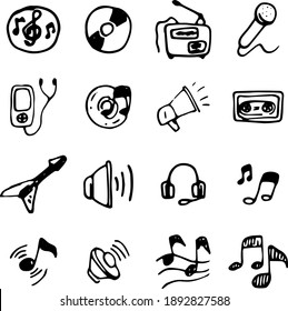 Multimedia Hand Drawn Icons: Photo, Video, Music Vector Set.