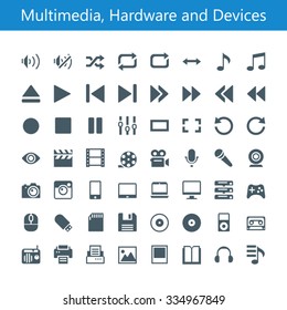 Multimedia, Hardware and Devices Icons. 56 glyph icons. Build on 16px grid pixel perfect.