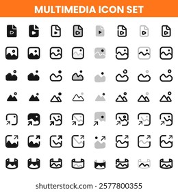 Multimedia of high-quality icons representing audio, video, music, streaming, photography, and entertainment. Perfect for use in apps, websites, presentations, infographics, and digital media projects