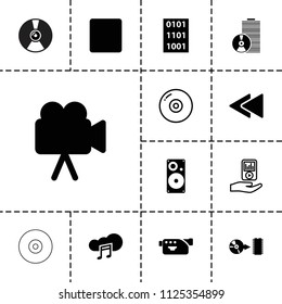 Multimedia icon. collection of 13 multimedia filled and outline icons such as camera, stop, play back, music cloud, disc. editable multimedia icons for web and mobile.