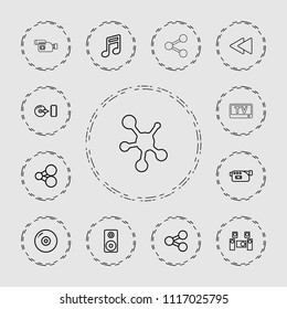 Multimedia icon. collection of 13 multimedia outline icons such as share, note, disc, camera, play back, loudspeaker. editable multimedia icons for web and mobile.
