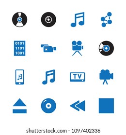 Multimedia icon. collection of 16 multimedia filled icons such as note, disc, camera, play back, binary code, tv, share, cd. editable multimedia icons for web and mobile.