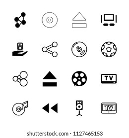 Multimedia icon. collection of 16 multimedia filled and outline icons such as movie tape, tv set, tv, share, disc and music note. editable multimedia icons for web and mobile.
