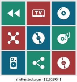 Multimedia icon. collection of 9 multimedia filled icons such as disc, cd, disc and music note, share, tv, play back. editable multimedia icons for web and mobile.