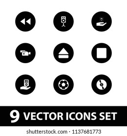 Multimedia icon. collection of 9 multimedia filled icons such as stop, eject button, mp3 player on hand, movie tape, camera, cd. editable multimedia icons for web and mobile.