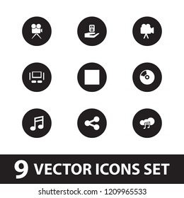 Multimedia icon. collection of 9 multimedia filled icons such as camera, tv set, share, note, stop, mp3 player on hand, cd. editable multimedia icons for web and mobile.