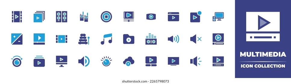 Colección de iconos multimedia. Color de duotona. Ilustración vectorial. Conteniendo parada, reproductor de vídeo, controles, altavoz, duplicado, música y multimedia, reproductor, opción.