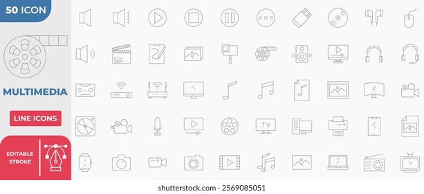 Multimedia Icon Collection Set. Editable Stroke Line. Vector illustration.