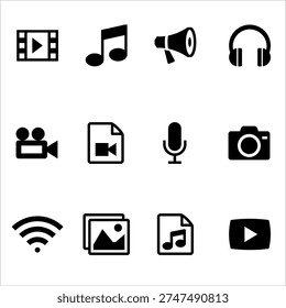Multimedia Icon Editable Line icons, vector illustration Audio and video icon set, multimedia sound and media player symbols, music playback icons, modern flat vector design