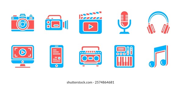 Multimedia icon pack in colorful flat style, featuring photo and video cameras, clapperboard, microphone, headphones, monitor, smartphone, radio, midi piano and musical notes for creative projects.