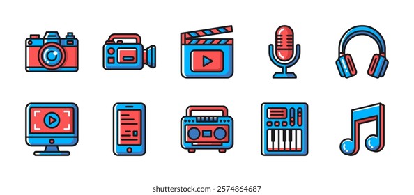 Multimedia icon pack in colorful outline style, featuring photo and video cameras, clapperboard, microphone, headphones, monitor, smartphone, radio, midi piano and musical notes for creative projects.