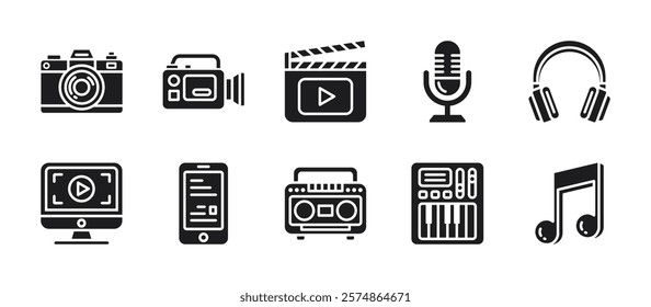 Multimedia icon pack in glyph style, featuring photo and video cameras, clapperboard, microphone, headphones, monitor, smartphone, radio, midi piano and musical notes for creative projects.