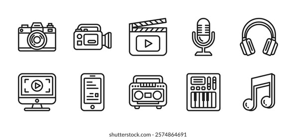 Multimedia icon pack in outline style, featuring photo and video cameras, clapperboard, microphone, headphones, monitor, smartphone, radio, midi piano and musical notes for creative projects.