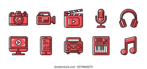 Multimedia icon pack in single color style, featuring photo and video cameras, clapperboard, microphone, headphones, monitor, smartphone, radio, midi piano and musical notes for creative projects.