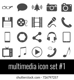 Multimedia. Icon set 1. Gray icons on white background.