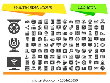multimedia icon set. 120 filled multimedia icons.  Simple modern icons about  - Reel, Television, Webcam, Projector, Tv, Clapperboard, Camera, Media player, Old computer, Photo camera