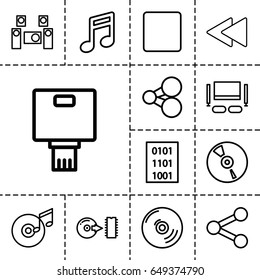 Multimedia icon. set of 13 outline multimediaicons such as cd, stop, play back, disc, disc and music note, audio system, tv set, camera, binary code, share