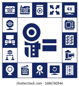 multimedia icon set. 17 filled multimedia icons. Included Camera, Webcam, Tv, Camcorder, Sharing, Tablet, Film, Photo camera, Clapperboard, Media player, Web cam, Maximize icons