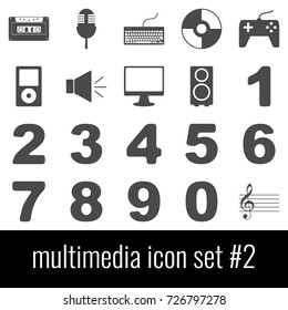 Multimedia. Icon set 2. Gray icons on white background.