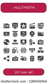  multimedia icon set. 25 filled multimedia icons. Simple modern icons about  - Camera, Size, Movie, Clapperboard, Photo camera, Video, Reel, Television, Webcam, Compact disc, Cinema