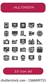 multimedia icon set. 25 filled multimedia icons.  Collection Of - Mp player, Television, Itunes, Camera, Popcorn, Tv, Film, Button, Photo camera, Graphic tablet, Set square, Video