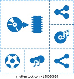 Multimedia icon. set of 6 multimedia filled icons such as music cloud, disc, disc and music note, share