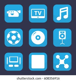 Multimedia icon. set of 9 filled multimedia icons such as TV, camera, stop, loudspeaker, TV set, share, disc, movie tape