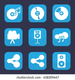 Multimedia icon. set of 9 filled multimedia icons such as camera, cd, music cloud, loudspeaker, disc and music note