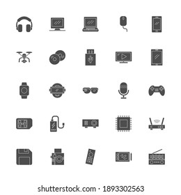 conjunto de iconos multimedia con estilo sólido negrita negro. ilustración vectorial de símbolo de dispositivo de tecnología