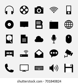 Multimedia icon set black and white isolated on white background, vector illustration