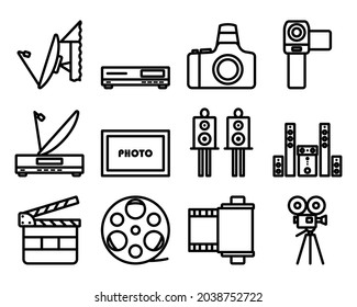 Conjunto de iconos multimedia. Diseño de contorno negrita con ancho de trazo editable. Ilustración vectorial.