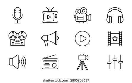 Multimedia icon set with broadcast and audio visual tools like microphone camera headphones and production equipment symbols.