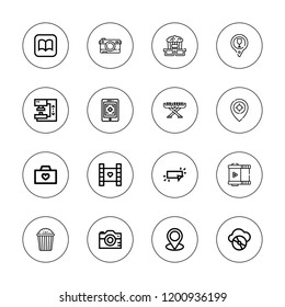 Multimedia icon set. collection of 16 outline multimedia icons with button, compact disc, camera, film strip, ibooks, keyboard, movie, photo camera, placeholder, press icons.