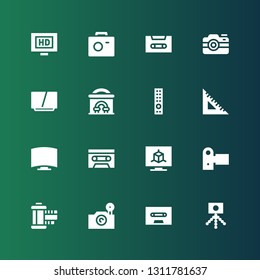multimedia icon set. Collection of 16 filled multimedia icons included Camera, Cassette, Photo camera, Film strip, Camcorder, Television, Set square, Remote control, Cinema, Hd