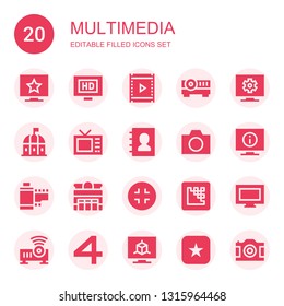 multimedia icon set. Collection of 20 filled multimedia icons included Television, Hd, Video, Projector, Theatre, Phone book, Camera, Film strip, Theater, Minimize, Media encoder