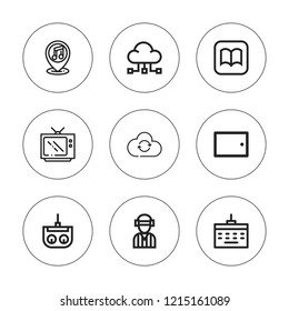 Multimedia icon set. collection of 9 outline multimedia icons with cloud sync, data sharing, ibooks, keyboard, placeholder, player, tablet icons. editable icons.