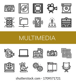 multimedia icon set. Collection of Camera, Dvd, Share, Film, Music player, Movie camera, Dvd player, Cinema, Old video camera, Laptop, Buttons, Pixels, Directors chair icons