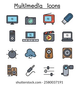 Multimedia icon set in color line style