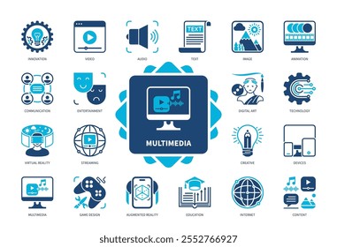 Conjunto de iconos multimedia. Contenido, Tecnología, Dispositivos, Realidad Virtual, Artes Digitales, Comunicaciones, Creativo, Innovación. Iconos sólidos de color duotono