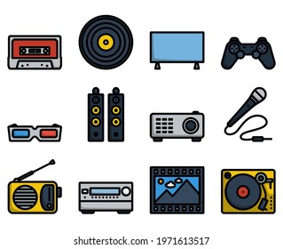 Multimedia Icon Set. Editable Bold Outline With Color Fill Design. Vector Illustration.