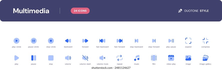 Conjunto de iconos multimedia. Iconos esenciales de la interfaz de usuario establecidos en estilo duotono. El conjunto consta de iconos esenciales y de uso común que todo diseñador de interfaz de usuario necesita.