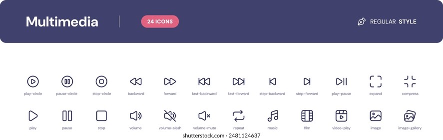 Multimedia icon set. Essential UI Icons Set in Line Style. The set consists of essential and commonly-used icons that every UI designer needs.