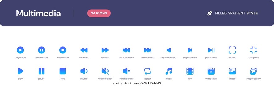 Multimedia icon set. Essential UI Icons Set in Filled Gradient Style. The set consists of essential and commonly-used icons that every UI designer needs.