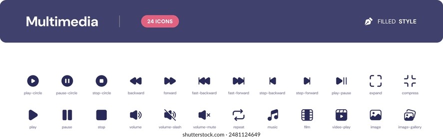 Conjunto de iconos multimedia. Iconos esenciales de la interfaz de usuario establecidos en estilo relleno. El conjunto consta de iconos esenciales y de uso común que todo diseñador de interfaz de usuario necesita.